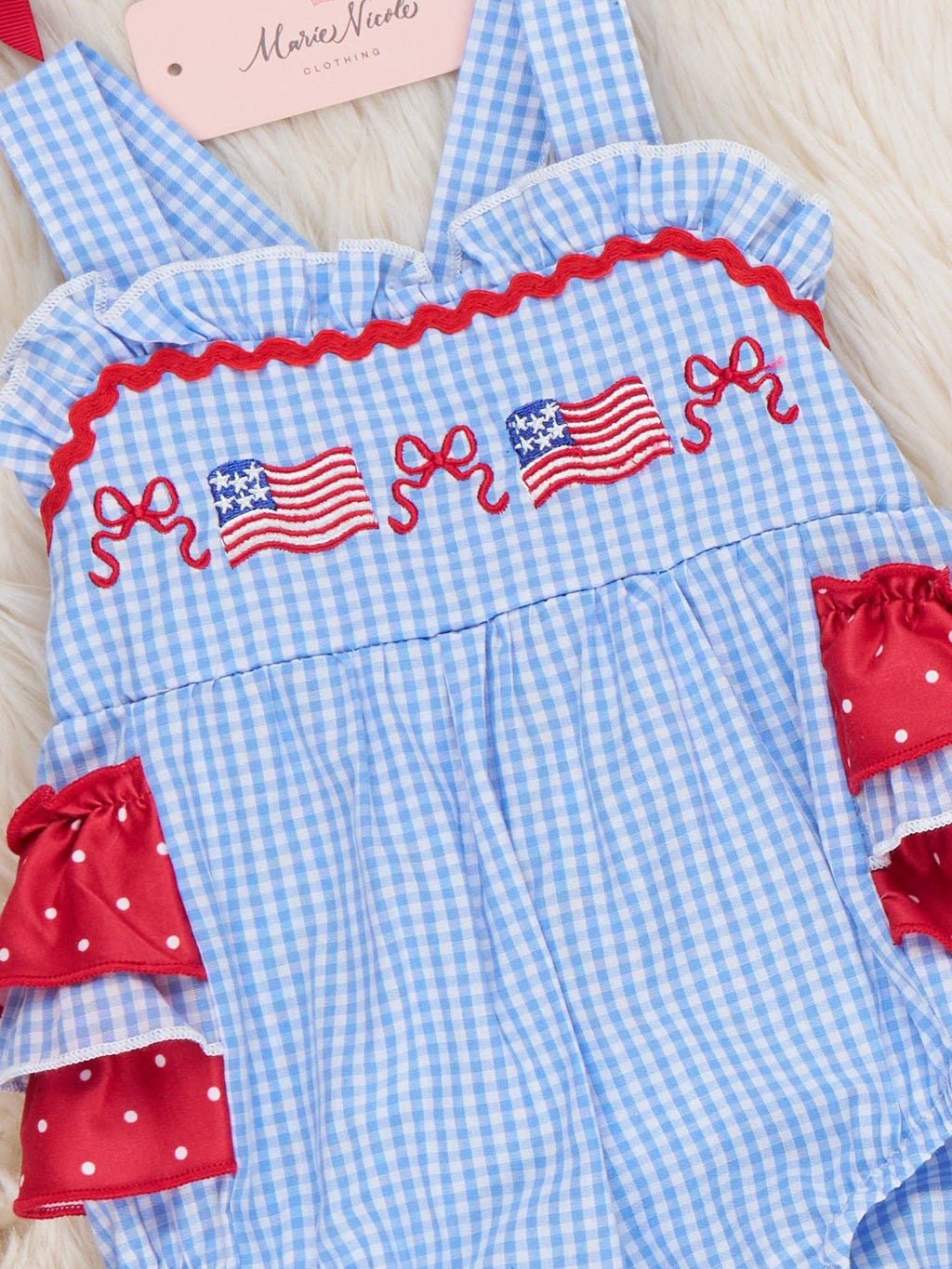 Patriotic Flag & Bows Embroidered 100% Cotton Bubble Romper
