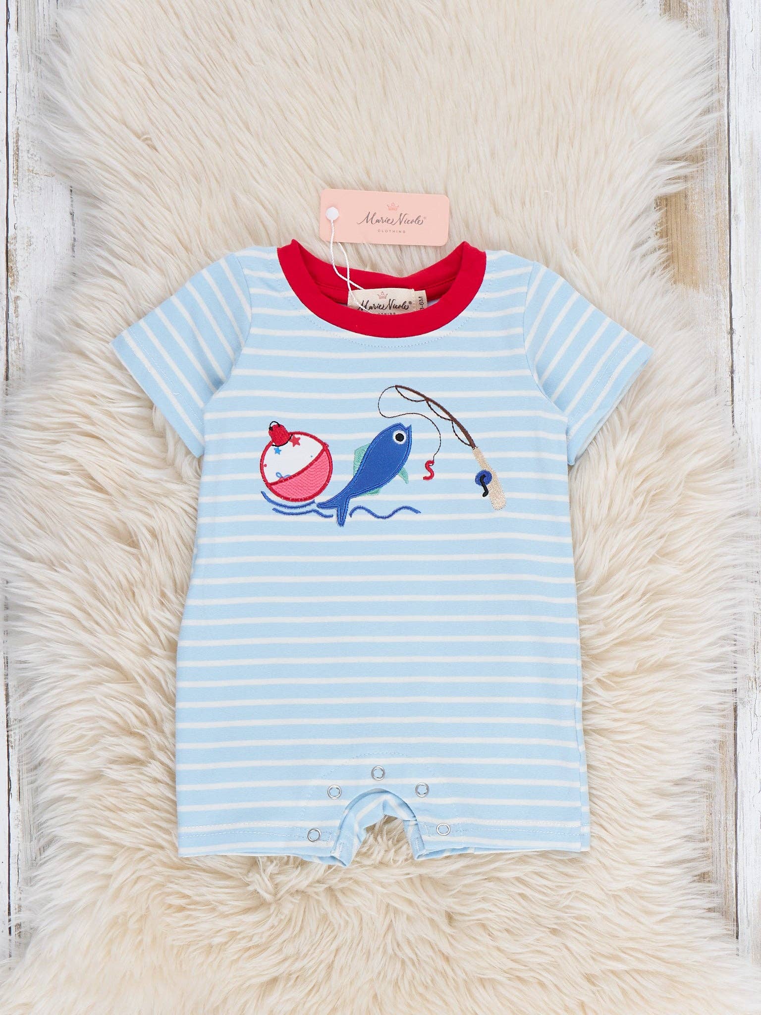 Fishing Fun Embroidered Striped Cotton Romper