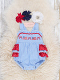Patriotic Flag & Bows Embroidered 100% Cotton Bubble Romper